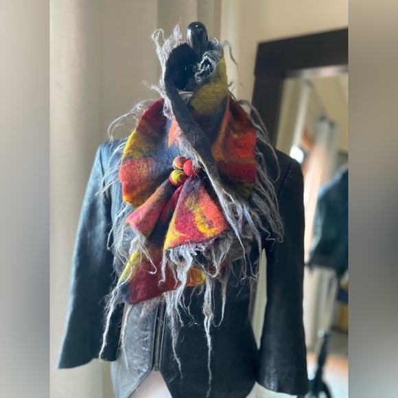 One-of-a-Kind Multi Colored  Merino Wool & Mulberry Silk Scarf – Edgy & Artsy 🌈 - Picture 7 of 7